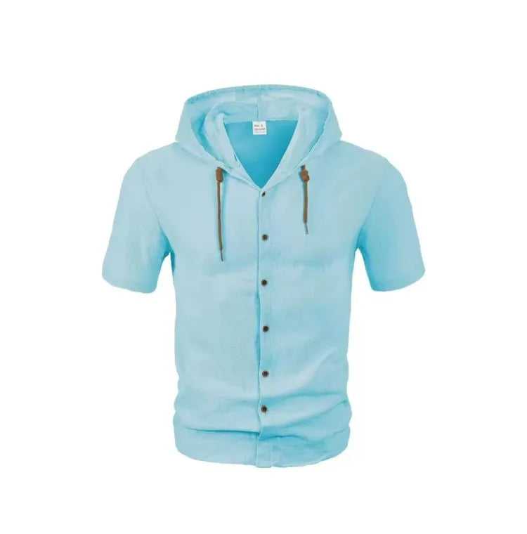 Men's Short Sleeve Shirt Cotton Linen Solid Color Shirts Men Hooded Casual Shirt Man Single Breasted Tops Men Breathable Shirt