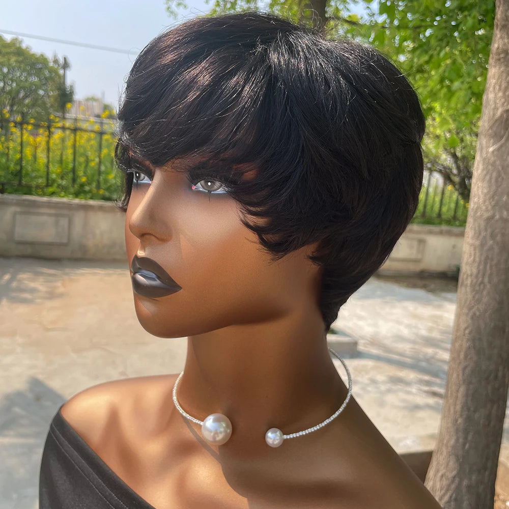 Pelucas de Cabello Humano Peluca Corta Pixie de Cabello Humano para Mujeres Negras Pelucas Hechas a Máquina con Flequillo Peluca Pixie Perruque Cheveux Humain
