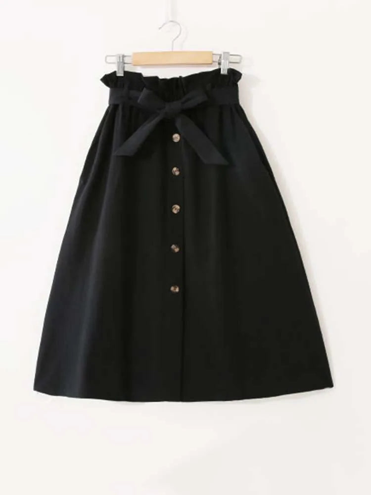 Women Summer Midi Skirt Girls Elegant Solid High Waist Spring Casual Single-Breasted Sashes Office Ladies A-Line Cotton Skirt