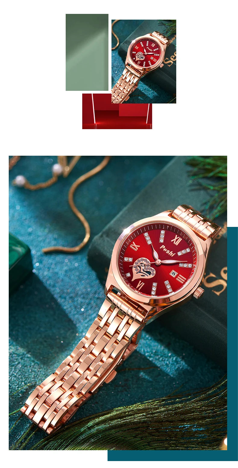 POSHI Women Watches Fashion Stainless Steel Date Ladies Wristwatch Waterproof Quarzt Watch Girlfriend Gift Relogio Feminino