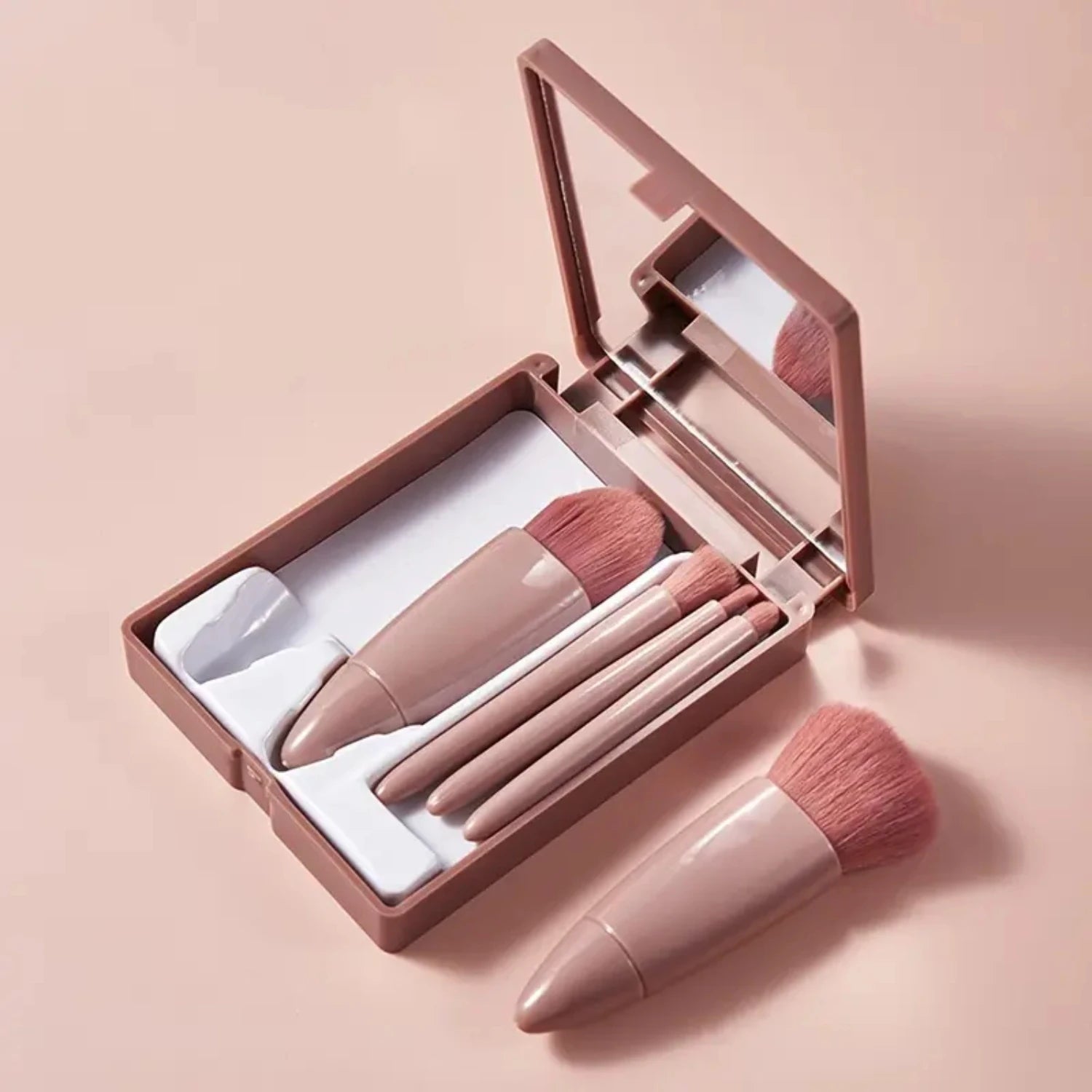 Portable Mini Delicate Soft Fiber Wool Cosmetic Brushes Kit - 5pcs Makeup Brush Set With Makeup Mirror And Storage Box. Perfect