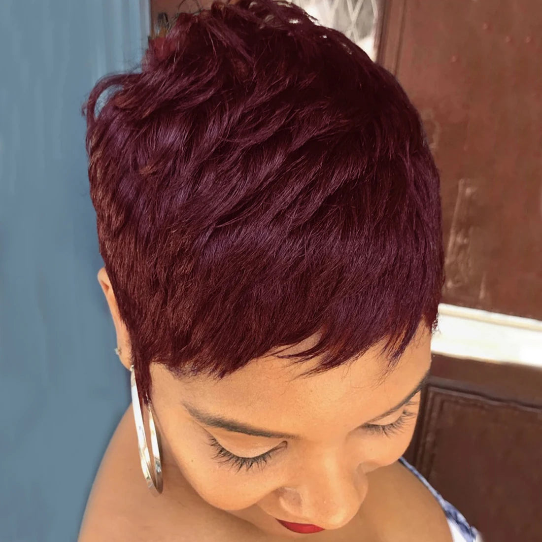 Short Pixie Cut Wigs Human Hair Short Wavy Pixie Wig for Women Natural Black 99J Brazlilian Hair Wigs Full Machine Wig