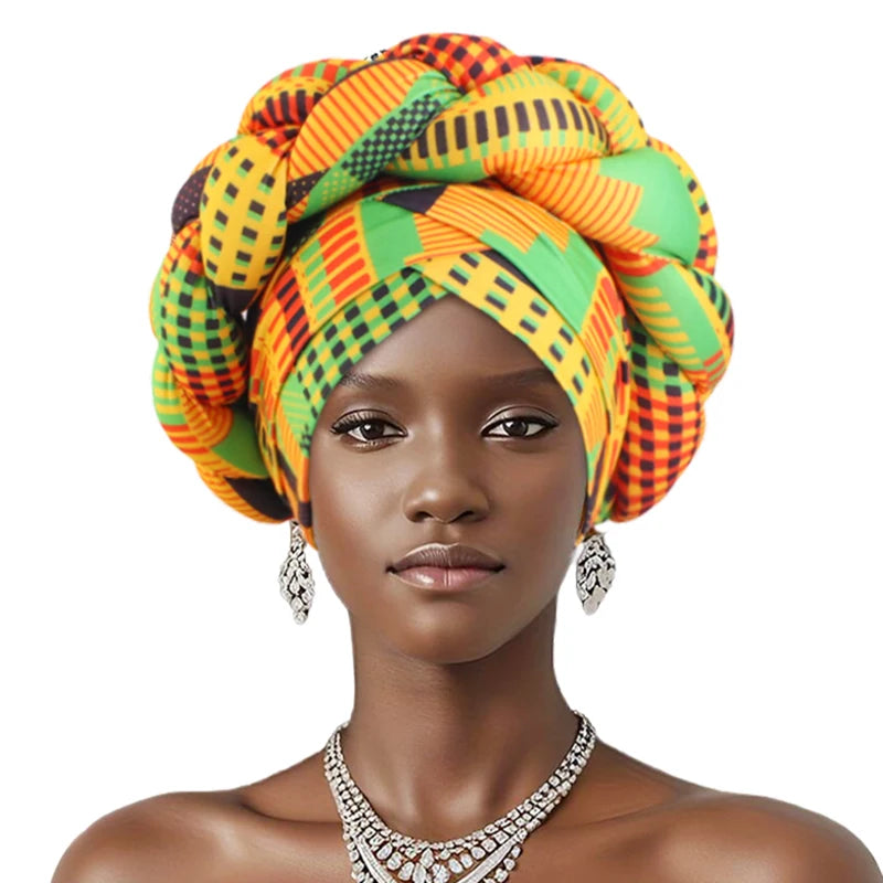 New African Print Twisted Large Braid Turban Hat Muslim Hijab Hat Elastic Head Wraps Headscarf Ramadan Headscarf Beanie Hats