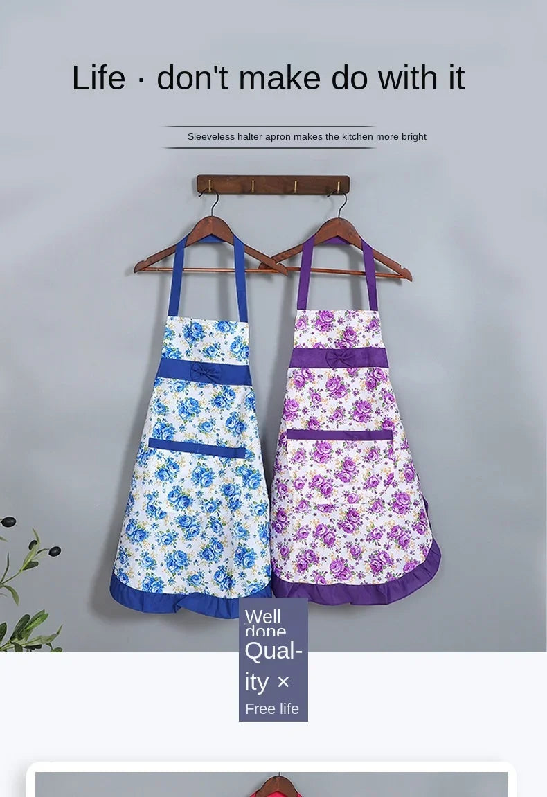 Oil-proof Cooking Apron for Women Adjustable Kitchen Cooking Coffee Shop Flower Printed Bowknot Cleaning Aprons with Pocket