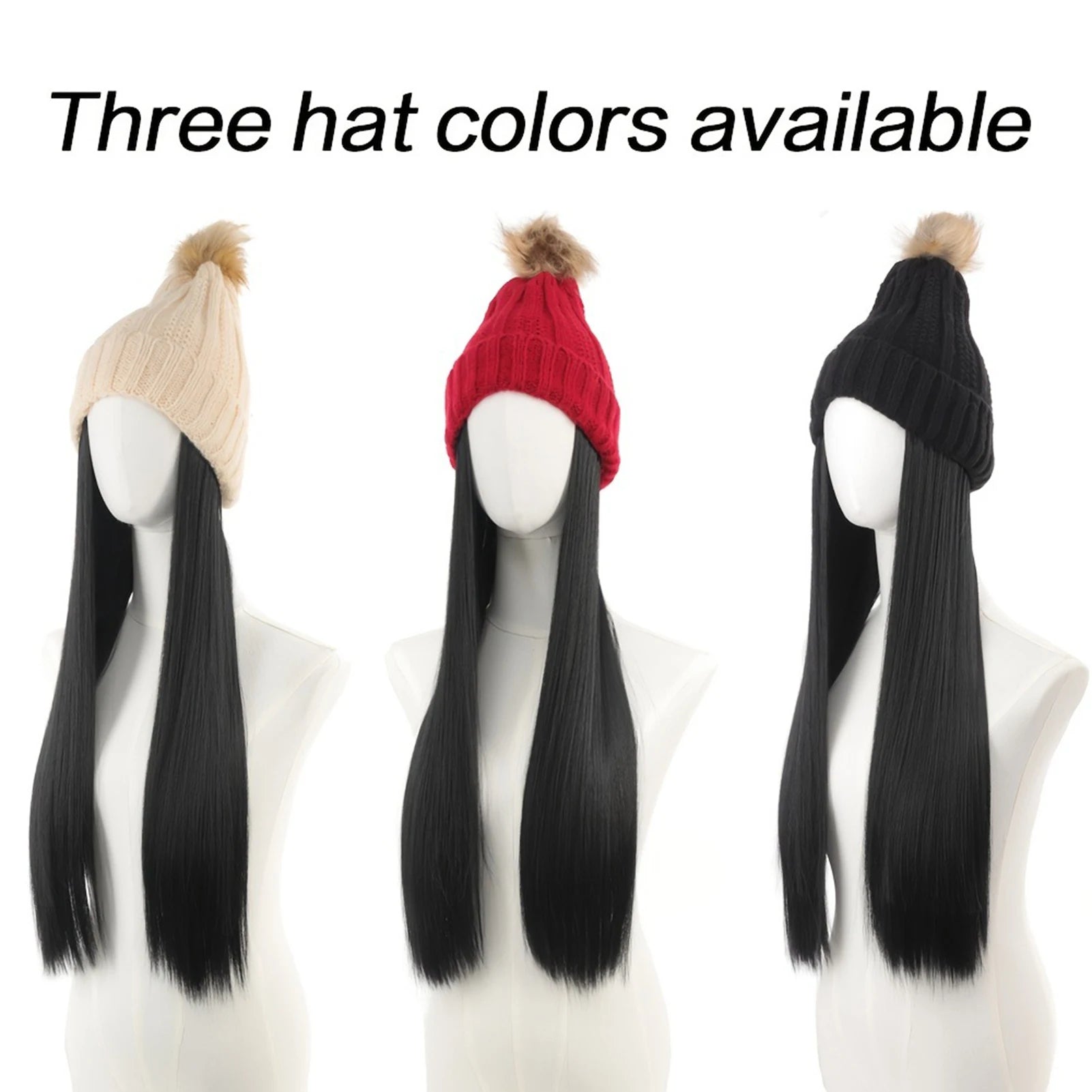 Gorro de punto para mujer, con pelo largo liso, cálido, para invierno, con pelo de fibra sintética negra realista, para clima frío