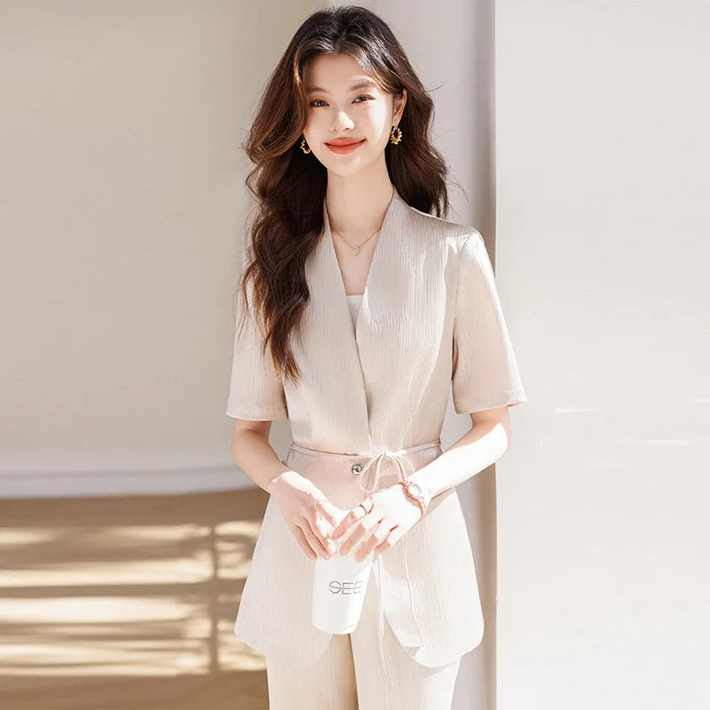 Women's Pants Suit With Belt Summer Short Sleeve V Neck Blazer And Trousers Set Elegant Office Work Wear Purple Fashion 2025