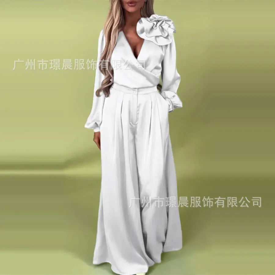 Women Pants Set Elegant 3d Flower Satin Suit For Women V Neck Blouse Wide Leg Casual Loose  Trousers Set Formal Commuting