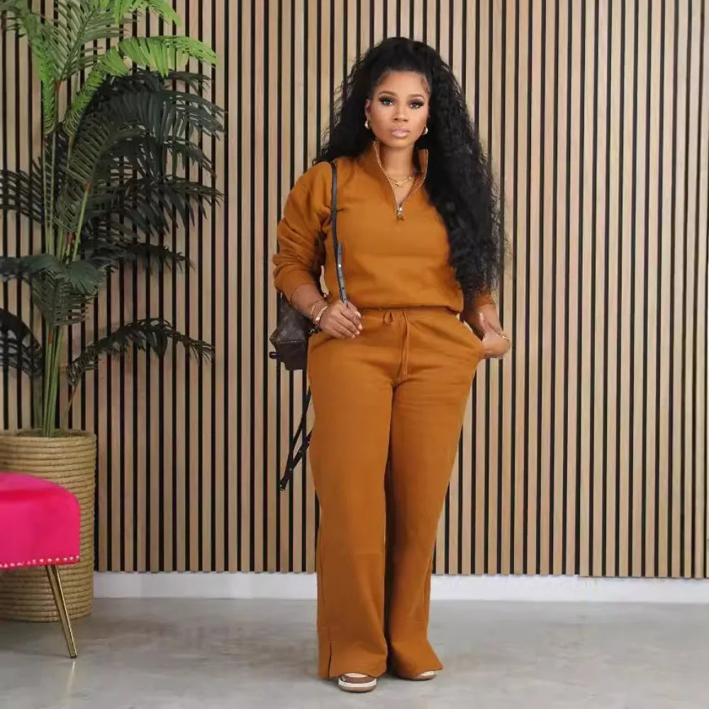 European and American Women's Clothing, Autumn and Winter Style, Loose Zipper Drawstring Pants, Sports Two-piece Set