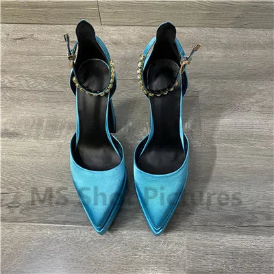Luxury Women High Heel Shoes Platform Sandals Pointed Toe Woman Silk Pumps Sexy Rhinestone Buckle Chunky Heel Wedding Shoes 2024