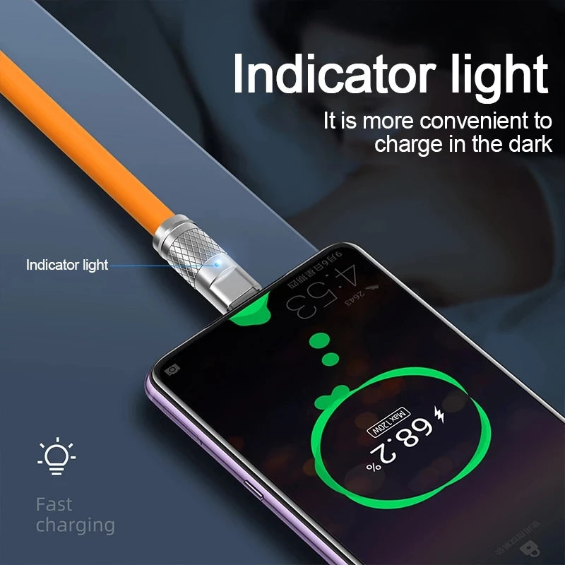 Cable de datos USB C de silicona líquida de carga súper rápida 120W 6A para iPhone 14 15 Huawei Samsung Xiaomi Cargador rápido Tipo C