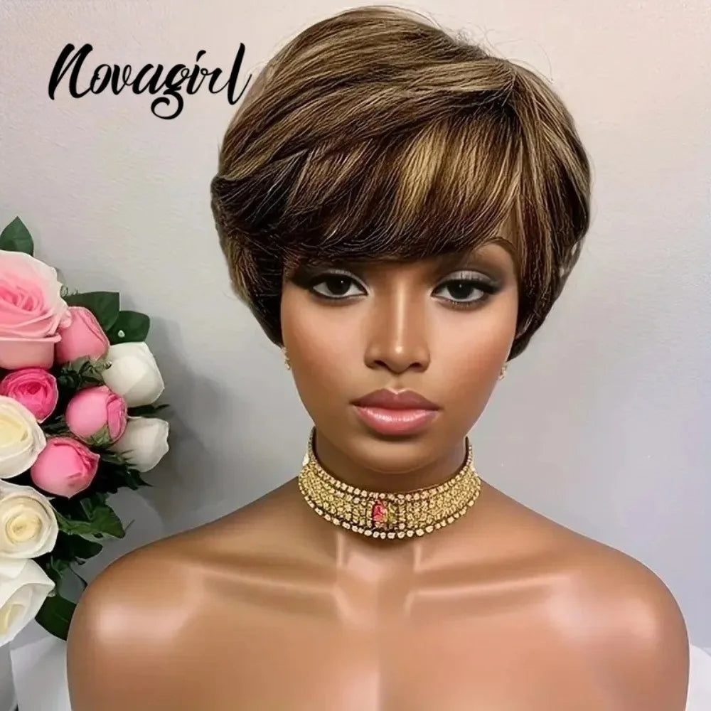High Quality 6 Inch Pixie Wigs Color P4/27 for Women Full Machine Made Brazilian Virgin Remy Human Hair Soft Comfortable