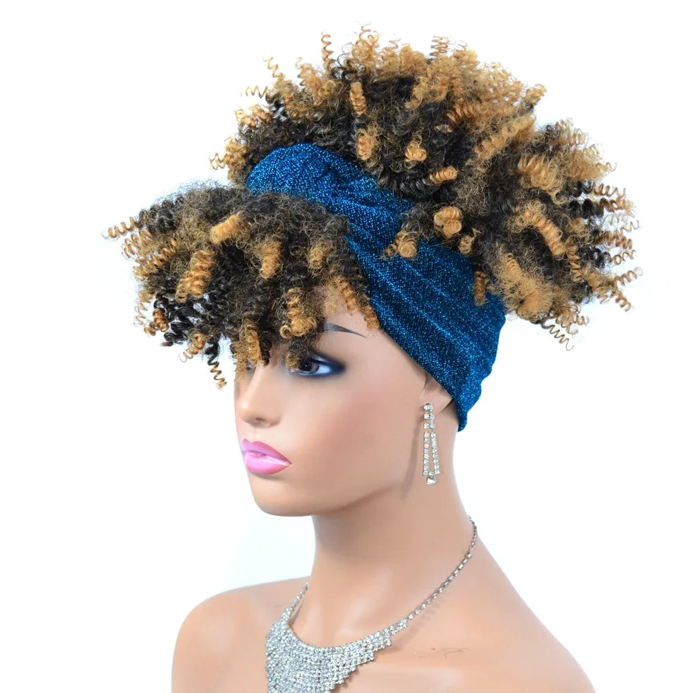 Fluffy Headband Wigs for Black Women Short Afro Kinky Curly Headwrap Wig High Temperature Natural Synthetic Headband Scarf Wig
