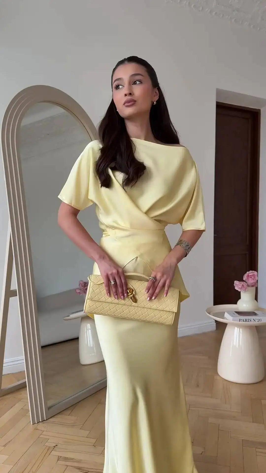 Elegant Solid Satin Tops Skirt 2 Piece Set Women's  New Stylish Lace Up Top High Waist Mermaid Skirt Office Lady Chic Outfit