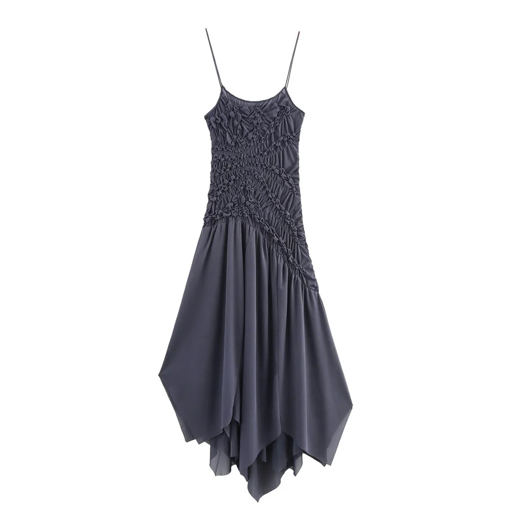New women's clothing casual elegant European and American style design sense simple pleated decoration asymmetric dress