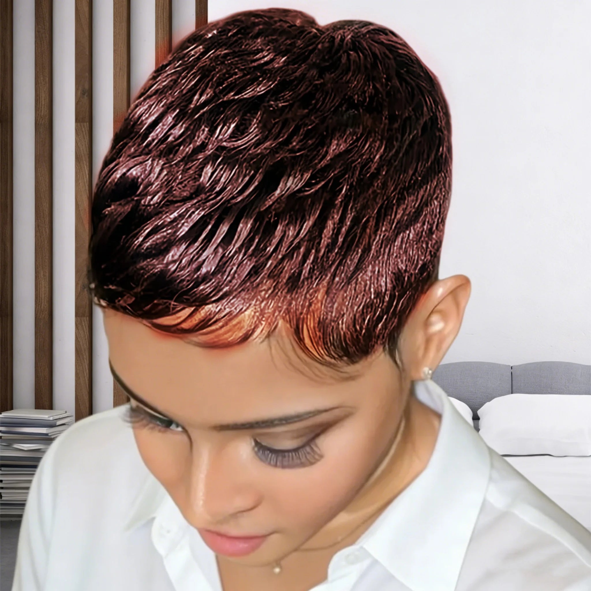 Peluca de cabello humano Pixie con ondas