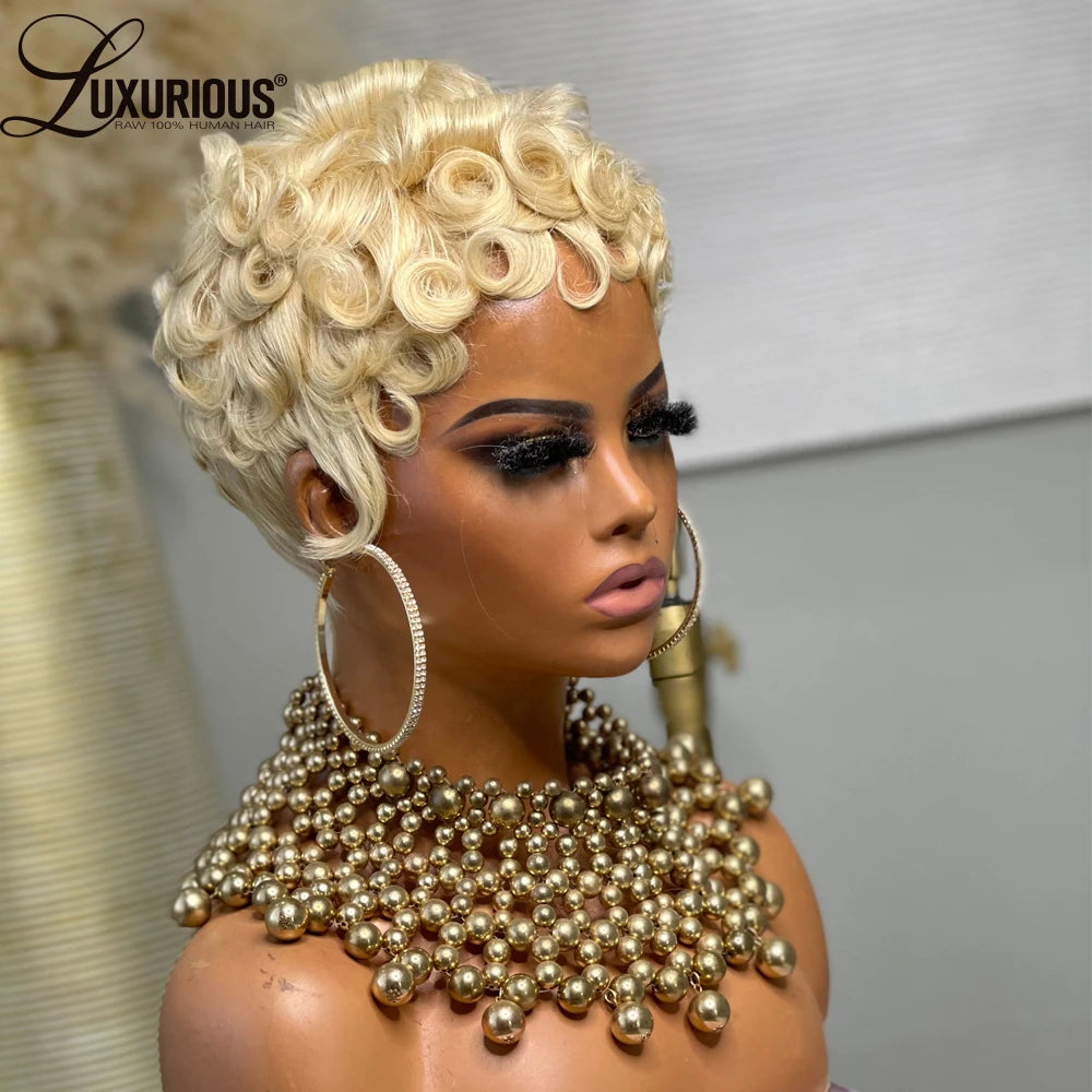613 Blonde Wig Pixie Cut Human Hair Wig Short Bob Full Machine Made Wigs with Bangs Virgin Brazilian Wig for Women 180% Density