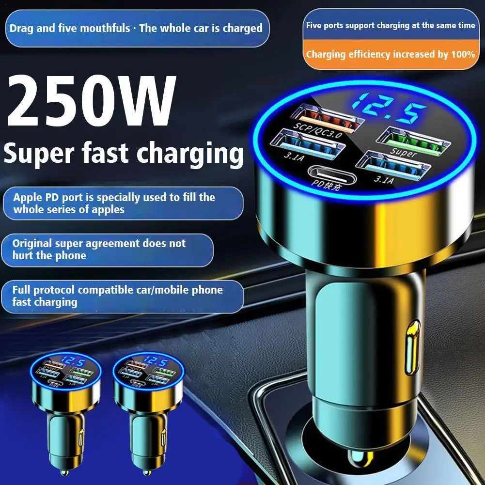 Chargeur de voiture 250 W QC 3.0, 4 ports USB PD, adaptateur de charge rapide USB 3.1 USB C pour iPhone