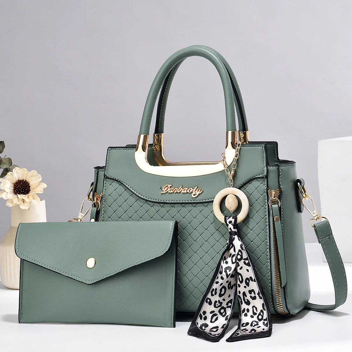 Black Woven Handbag & Clutch Set