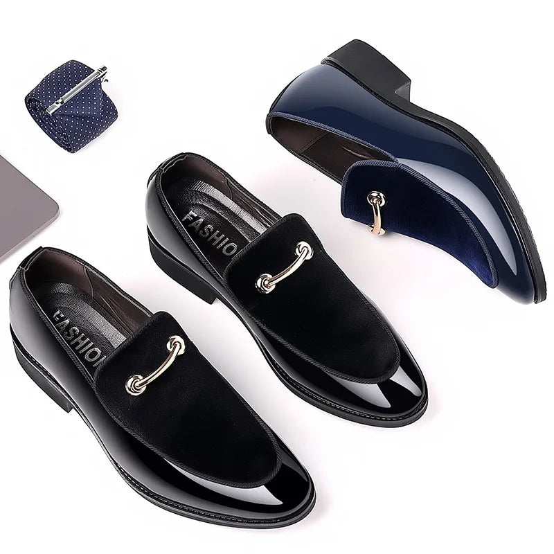 Zapatos de vestir para hombre, de fiesta, negros de lujo, de cuero formal, sin cordones, de charol, de negocios informales, mocasines, talla grande