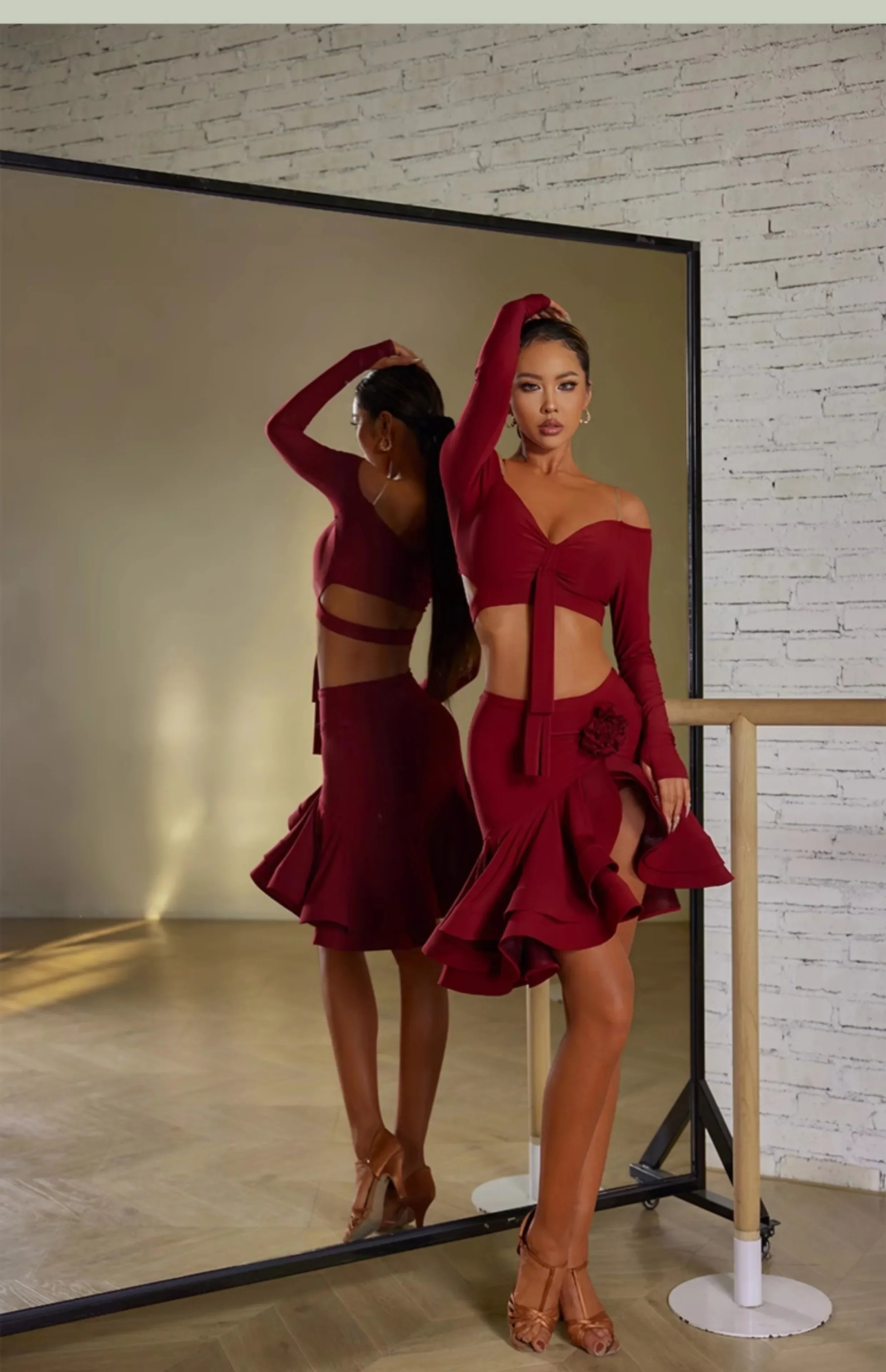 Sexy Off Shoulder Latin Top Ruffled Skirts Latin Dance Costume Stage Performance Clothes Samba Tango Dance Wear Set for Women