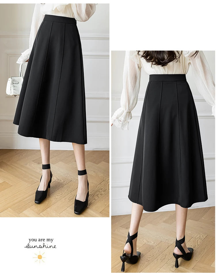Women's Skirt Spring Women High Waist Solid Vintage Girl's Waist Down Skirt Knee-length A-line Fashion Thin Skirt for Women