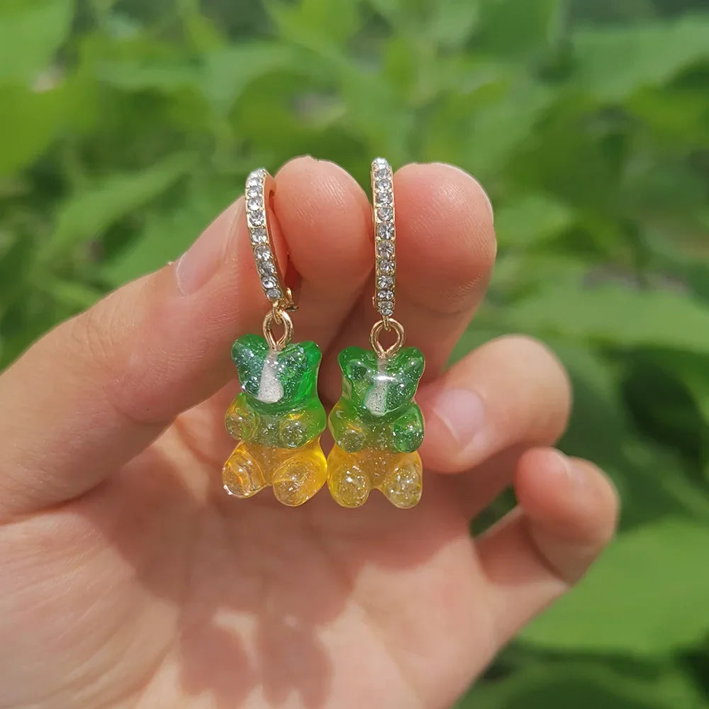 Pendientes colgantes de oso de gominola de acrílico bonitos para mujer, pendientes de aro de oso arcoíris CZ, joyería dulce de niña, moda coreana 2022
