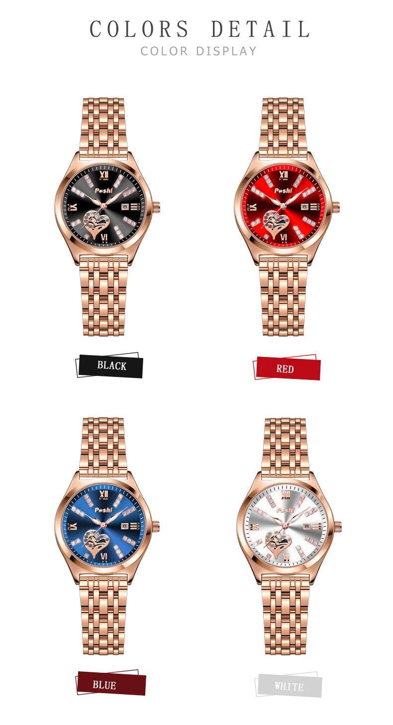 POSHI Women Watches Fashion Stainless Steel Date Ladies Wristwatch Waterproof Quarzt Watch Girlfriend Gift Relogio Feminino