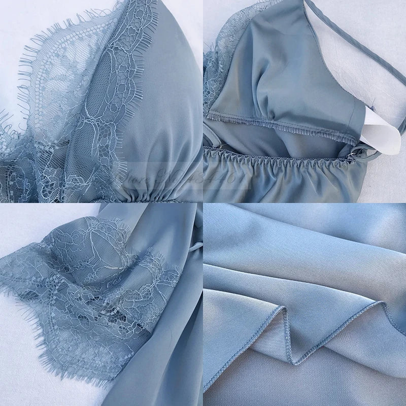 Pijama de cinco piezas para mujer, ropa de dormir para primavera y verano, camisón, bata de baño sexy de encaje, bata de satén de seda suelta para el hogar, ropa de estar en casa