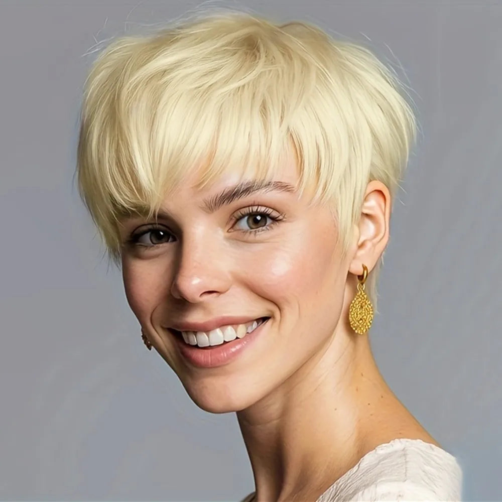 peluca de uso diario para fiestas, peluca pixie, color rubio, hecha a máquina para mujeres, peluca pixie corta y lisa de cabello humano