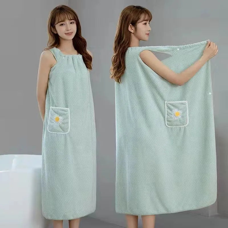 Toalla de baño para el hogar, para mujer, usable, para adultos, absorbe el agua, de poliéster, para secar el cabello, estilo falda larga, albornoz lavable para el baño