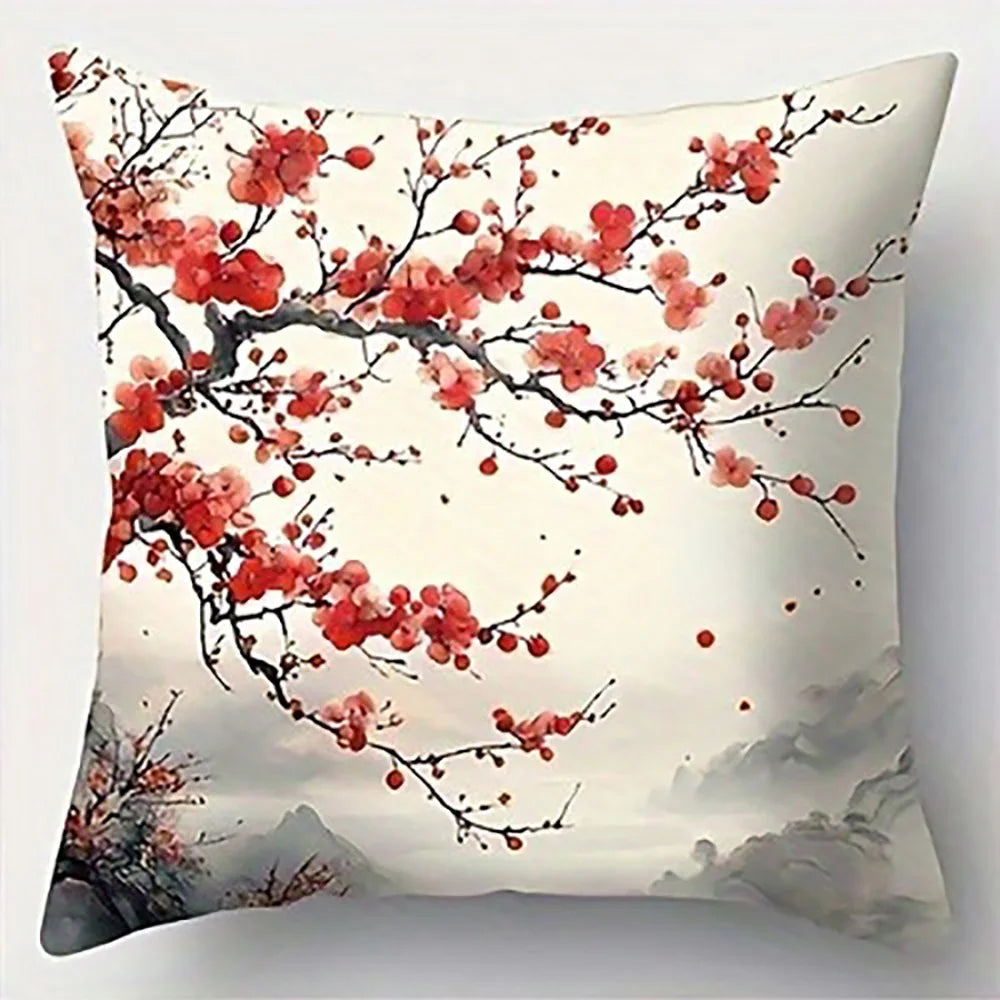 Blooming Plum Blossoms on Mountain SceneSuitable for sofa car bedroom decorative cushion cover pillow cover