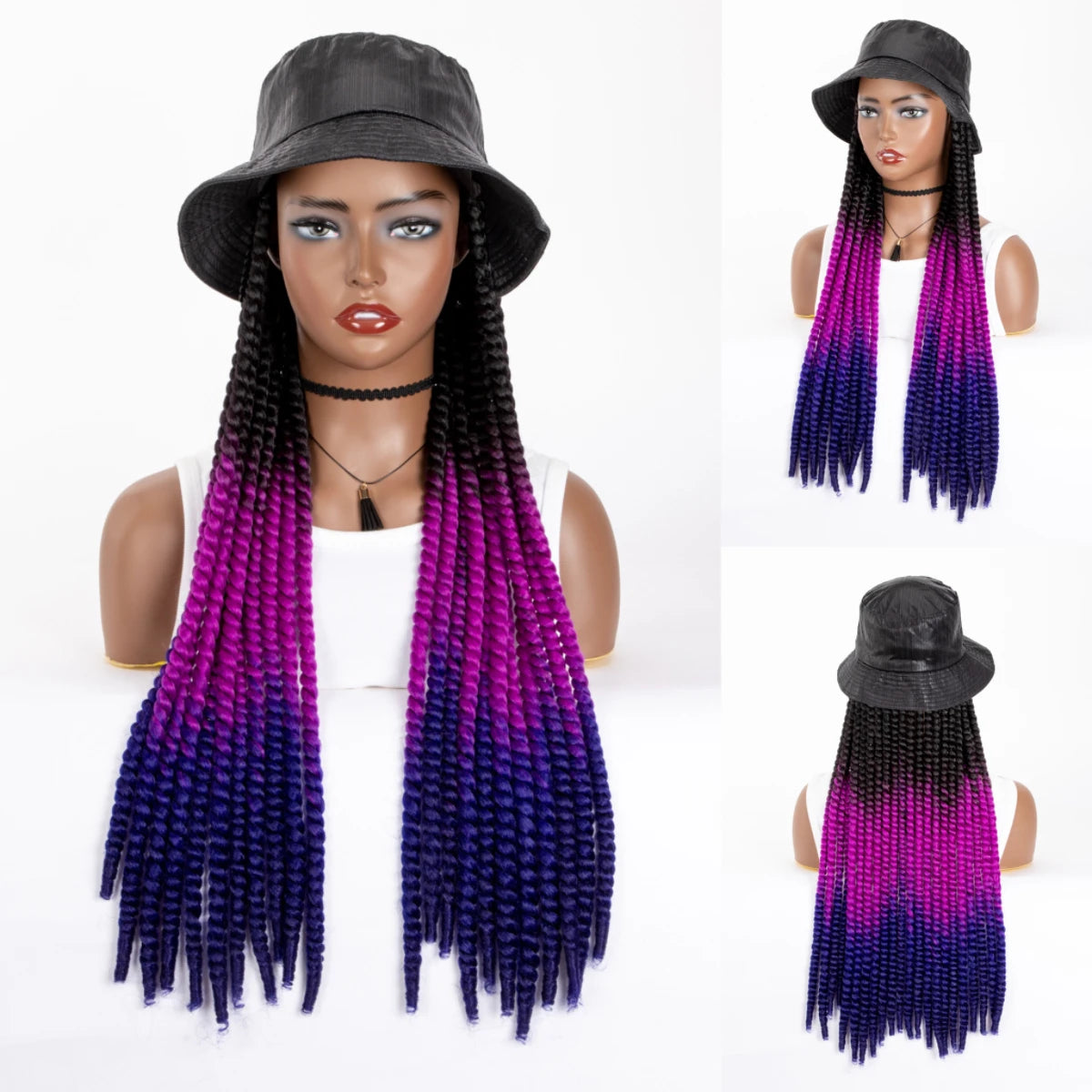 WIGERA Ombre Black Blue-purple Synthetic Havana Mambo Twist Braided Hair Extensions Cap Wig Spring Braiding With Bucket Hat