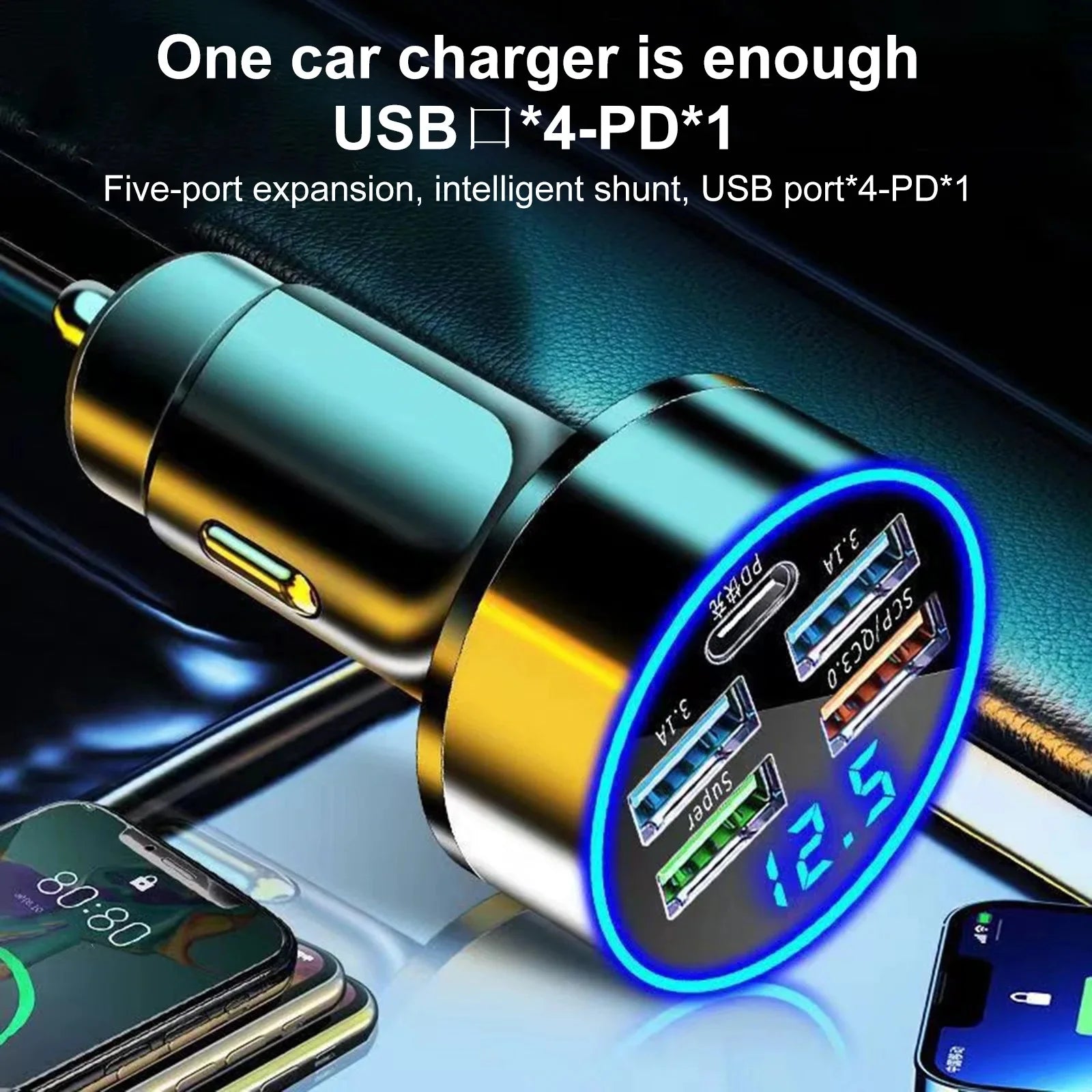 250W 5 Ports LED Car Charger Fast Charging Adapter Type C PD Mini Car Phone Charger For iphone Samsung Huawei Xiaomi