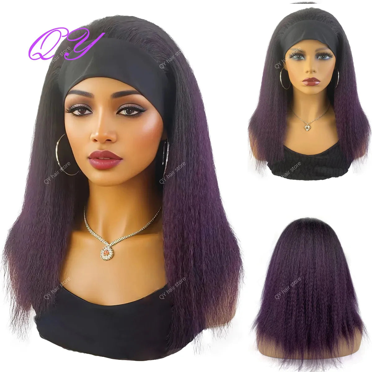 Synthetic Wig African Women Yaki Straight Headband Wigs  brownish #4 Medium Length Hairstyle Women's Wig Daily Ladies Turban Wig