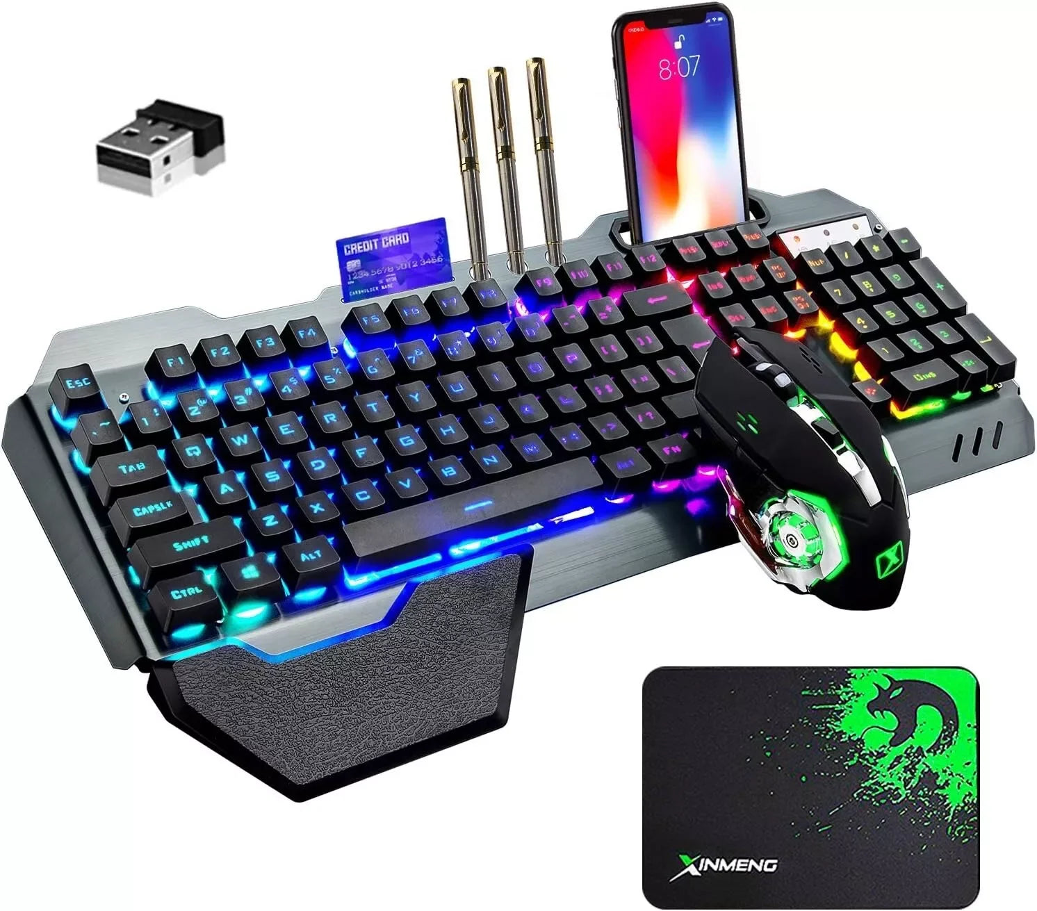 Teclado y ratón inalámbricos para juegos con retroiluminación arcoíris/RGB, teclado recargable y ratón para juegos de 7 colores silencioso con alfombrilla