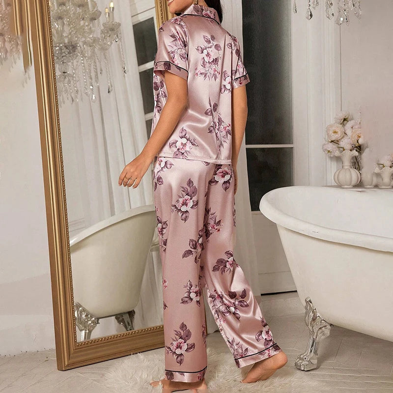 Pijama de satén elegante para mujer, conjunto de pijama con estampado floral, top de manga corta con botones y solapa, y pantalón largo para dormir o estar en casa