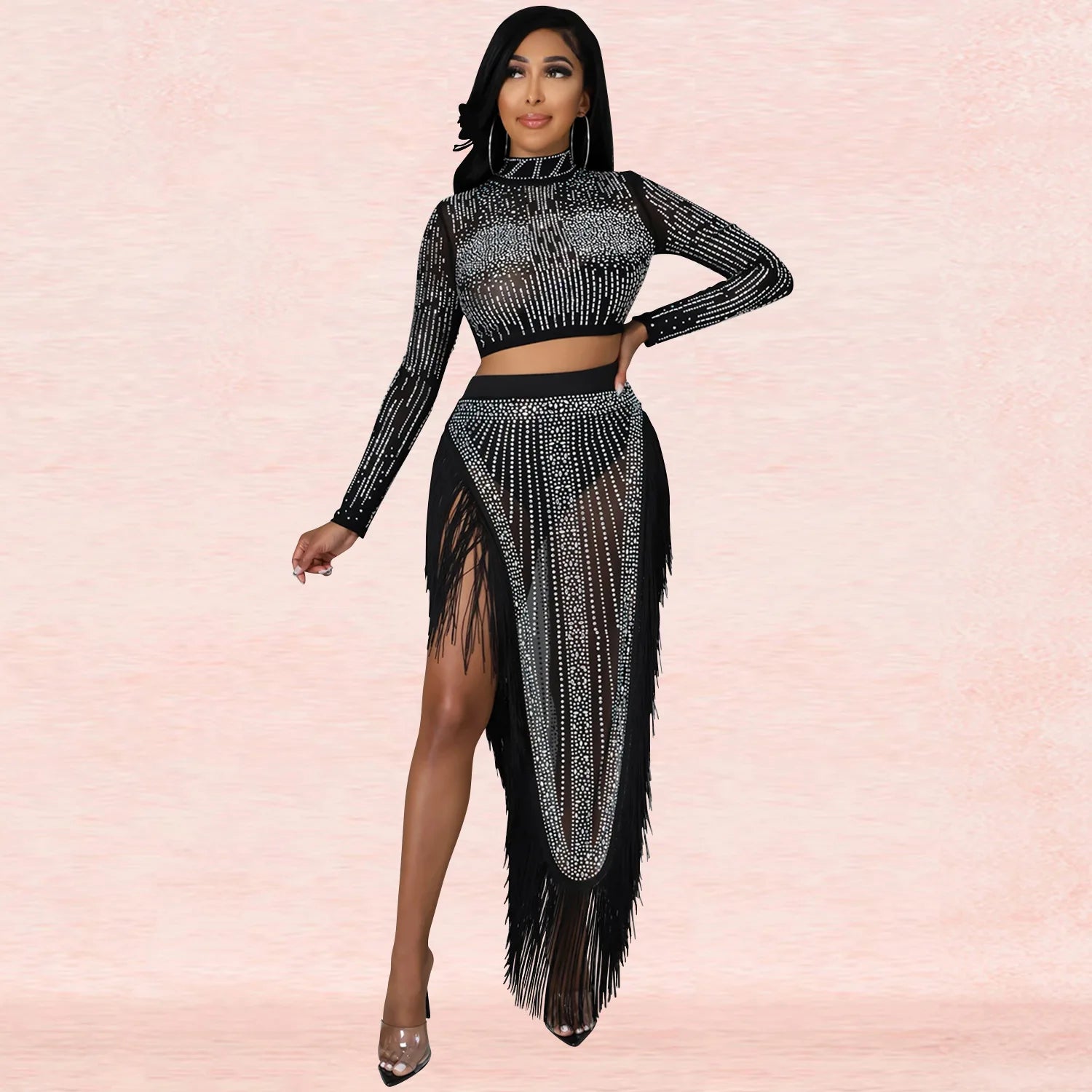 Skirt Set Women Two Piece Sets Dress Sets Mock Neck Matching Set Diamond Short Tops Party High Waist Long Skirts Sexy Hot Tassel