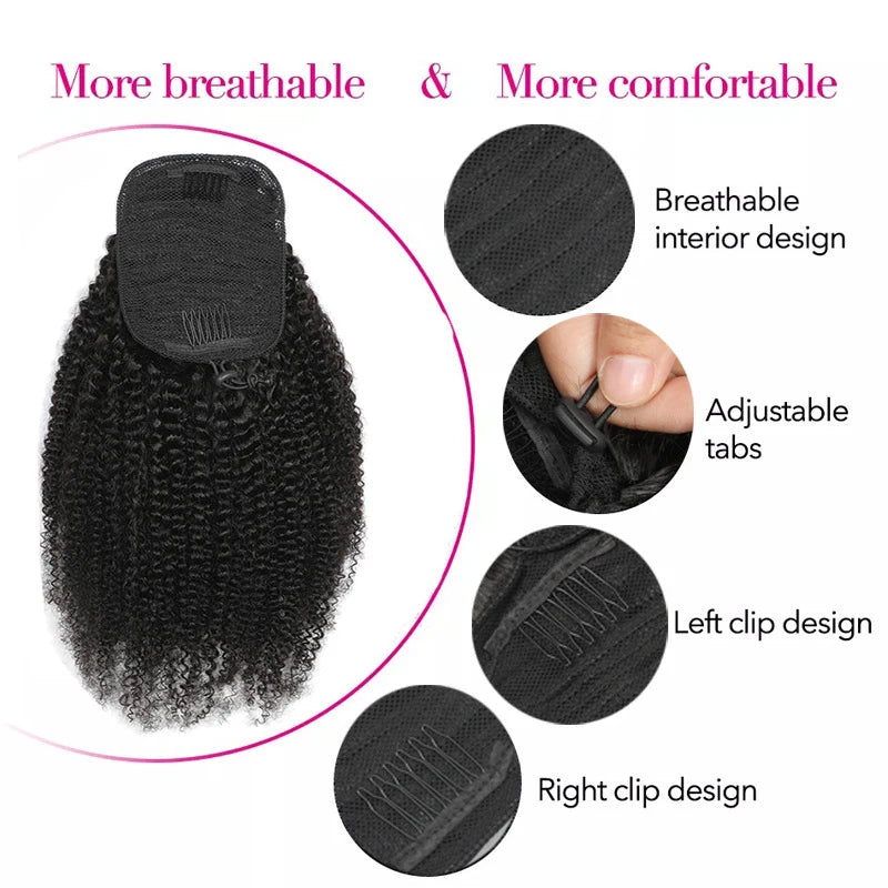10-24 pouces Afro crépu bouclé queue de cheval avec cordon Cheveux humains 12A Cheveux vierges brésiliens Extensions de cheveux 100 % naturels Couleur naturelle