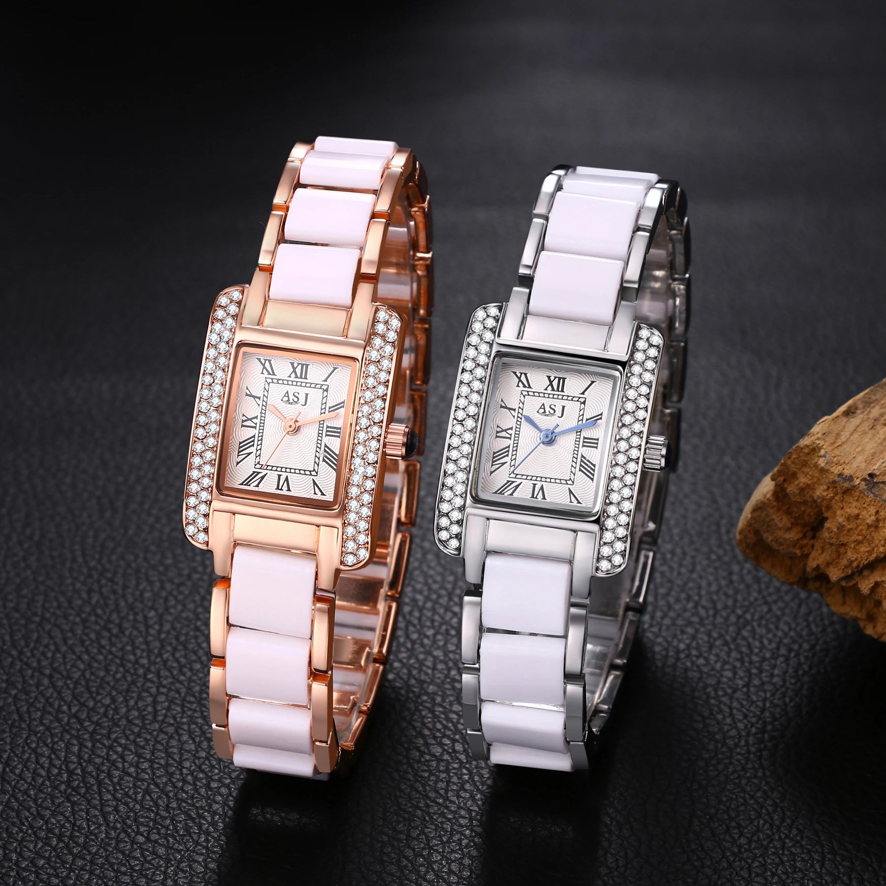 LANCARDO Imitated Ceramic Rectangular Women's Watch Waterproof Easy-to-Read Digital Quartz Splicing White Rose Gold Women Watch