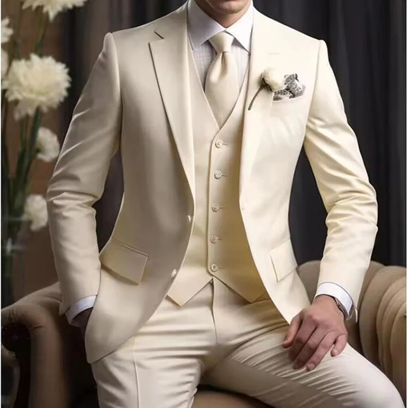 Elegant Wedding Suits for Men 2025 Solid Color Blazer Slim Fit 3 Pcs Jacket Pants Vest Costume Homme Formal Party Male Clothing