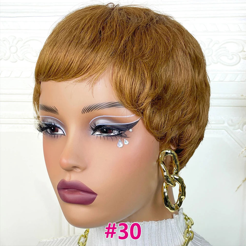 Pixie Cut Human Hair Wigs Short Wigs for Women Color 30 Layered Pixie Wig With Bangs Blonde Full Machine Made Wig On Sale
