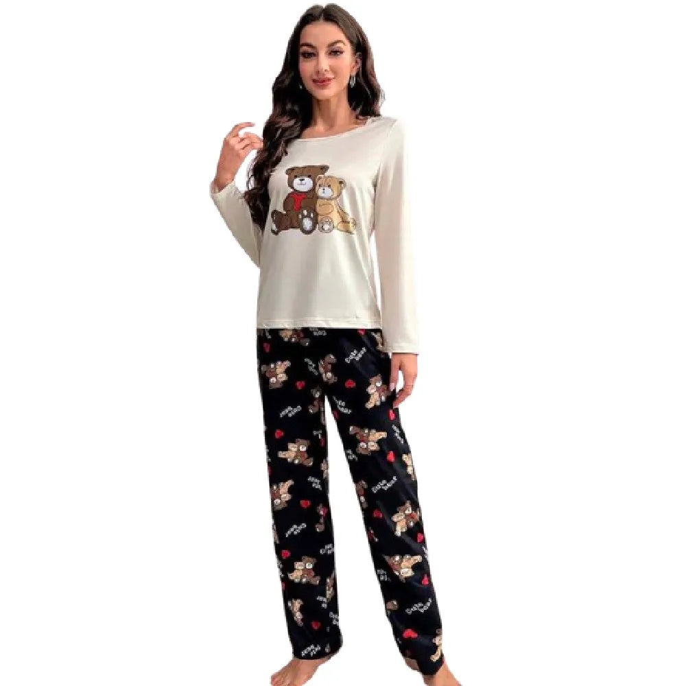 Women's pajamas set Comfortable casual two bear print crewneck long sleeve trousers women's pajamas set