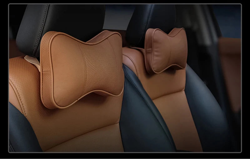 2PCS Top Quality Cowhide Car Neck Pillows Headrest Neck Pillow Support Auto Universal Seat Soft Breathable Interior Decoration