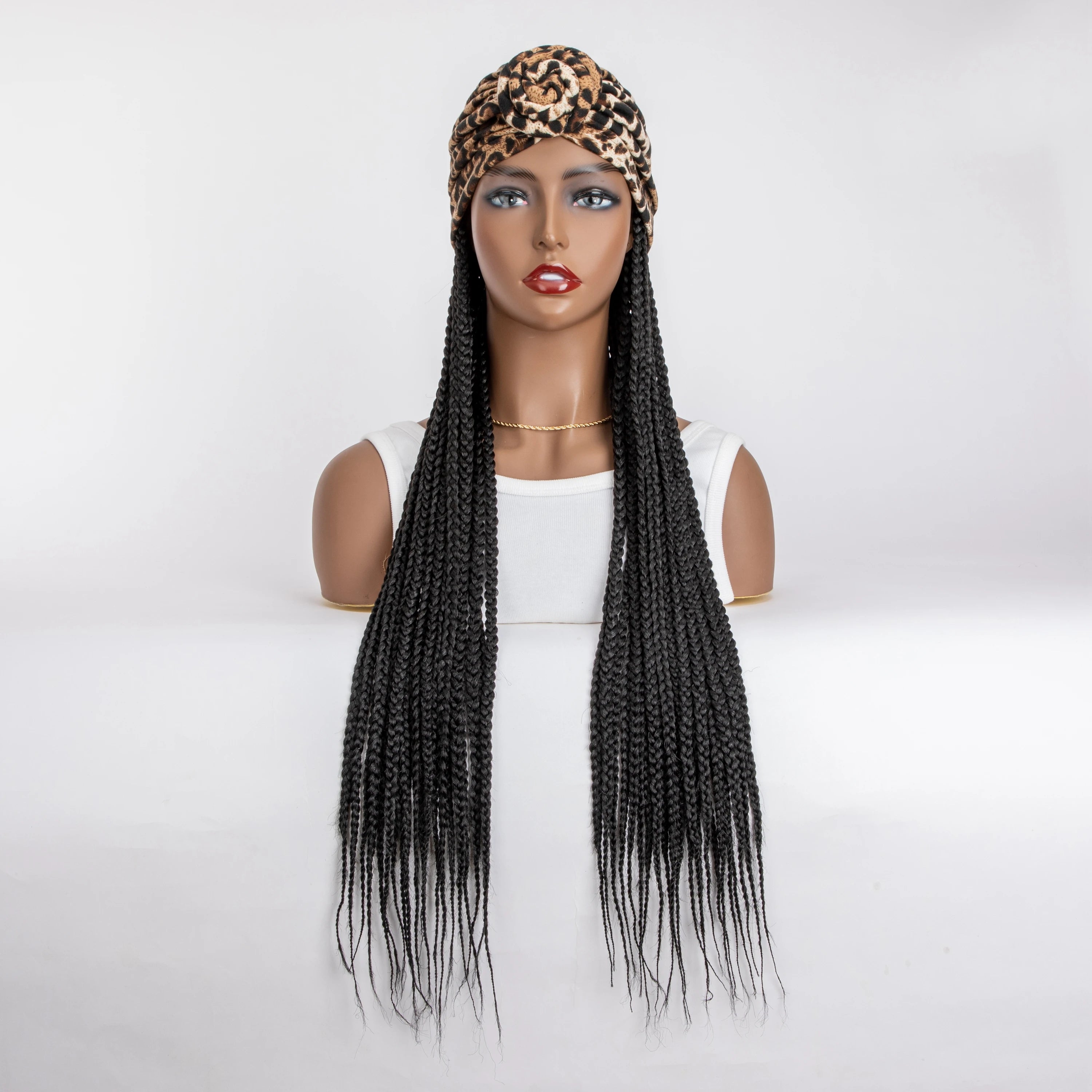 WIGERA Diadema con estampado de leopardo Peluca sintética trenzada larga con gorro turbante Trenzado de caja Extensiones de cabello Pañuelo para la cabeza Peinado fácil