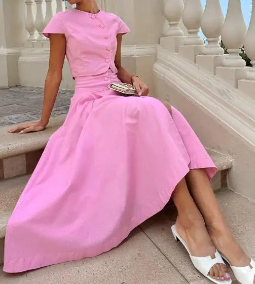 Skirts Sets Summer Sweet Pink Cotton High Waist V-Neck Skirt Set Fashion Women's Two Piece Set New Fashion Skirts Outfits