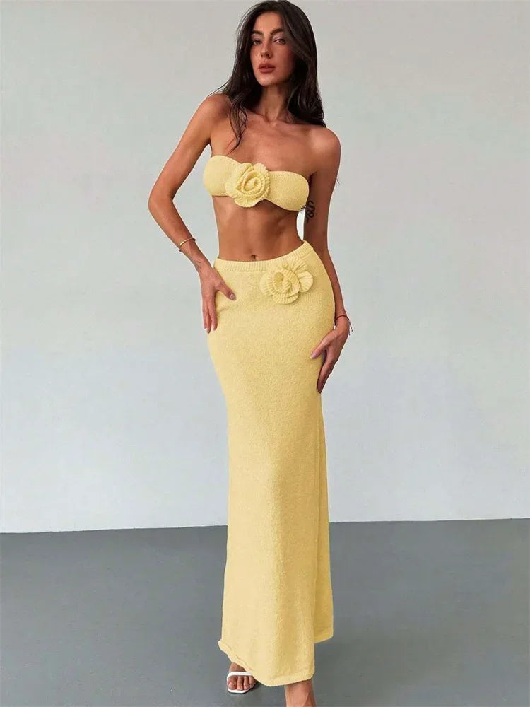 Female Knit 2 Piece-Set Long Skirt Floral Patchwork Tube Tops And High Waist Slim Beach Skirt Sets Knitwear Women Outfits