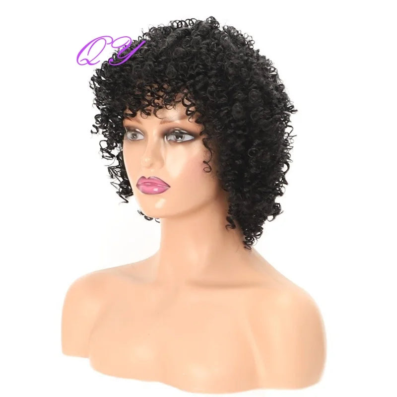 Short Afro Kinky Curly Wig With Bangs Synthetic Hair For Black Women Natural Looking Daily or Party Wear