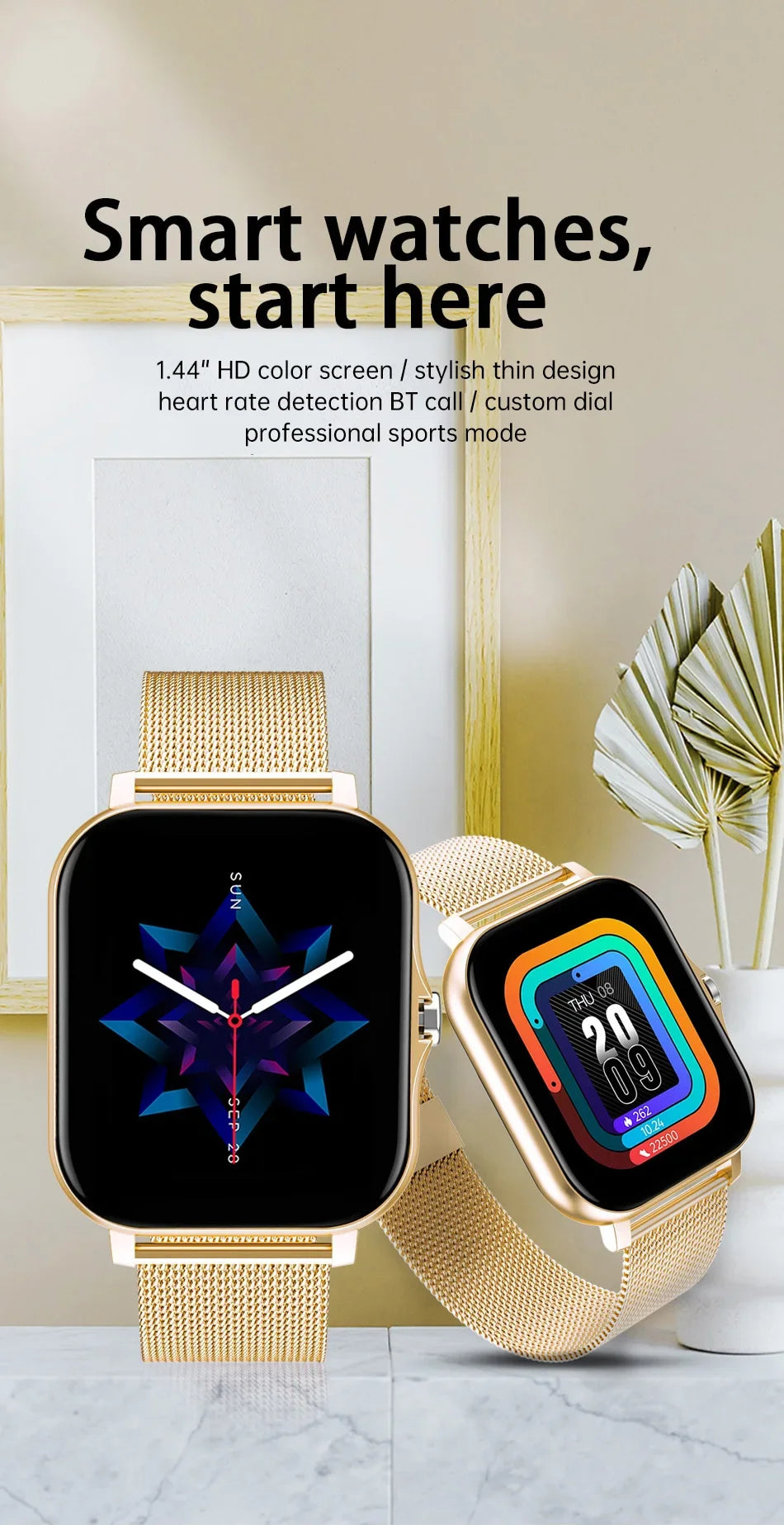 Smartwatch para teléfono Android. Pantalla a color de 1,44 pulgadas, táctil, llamada Bluetooth, carga magnética.