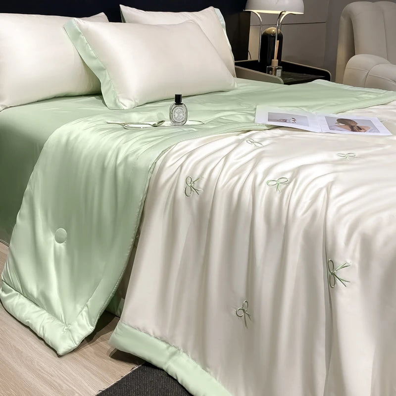 Princess Summer Quilt Korean Soft  Washed Silk Full Embroidery Tencel Cool Quilt  Women Girl For Summer Comforter Bedding