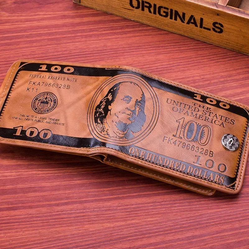 Carteras de moda con patrón de billetes de 100 dólares estadounidenses, tarjetero de cuero para fotos de gran capacidad para hombre